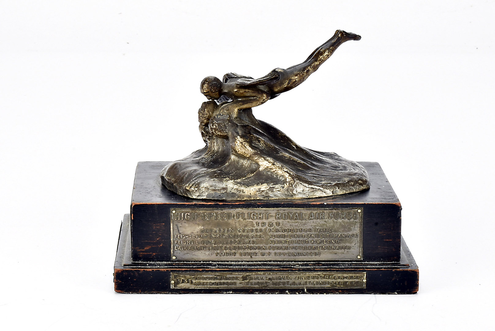 Aviation, Rare 1930s Schneider Trophy miniature, surmounted with a sculpture of silver plated bronze depicting a Zephyr skimming the waves and a nude winged figure kissing Zephyr