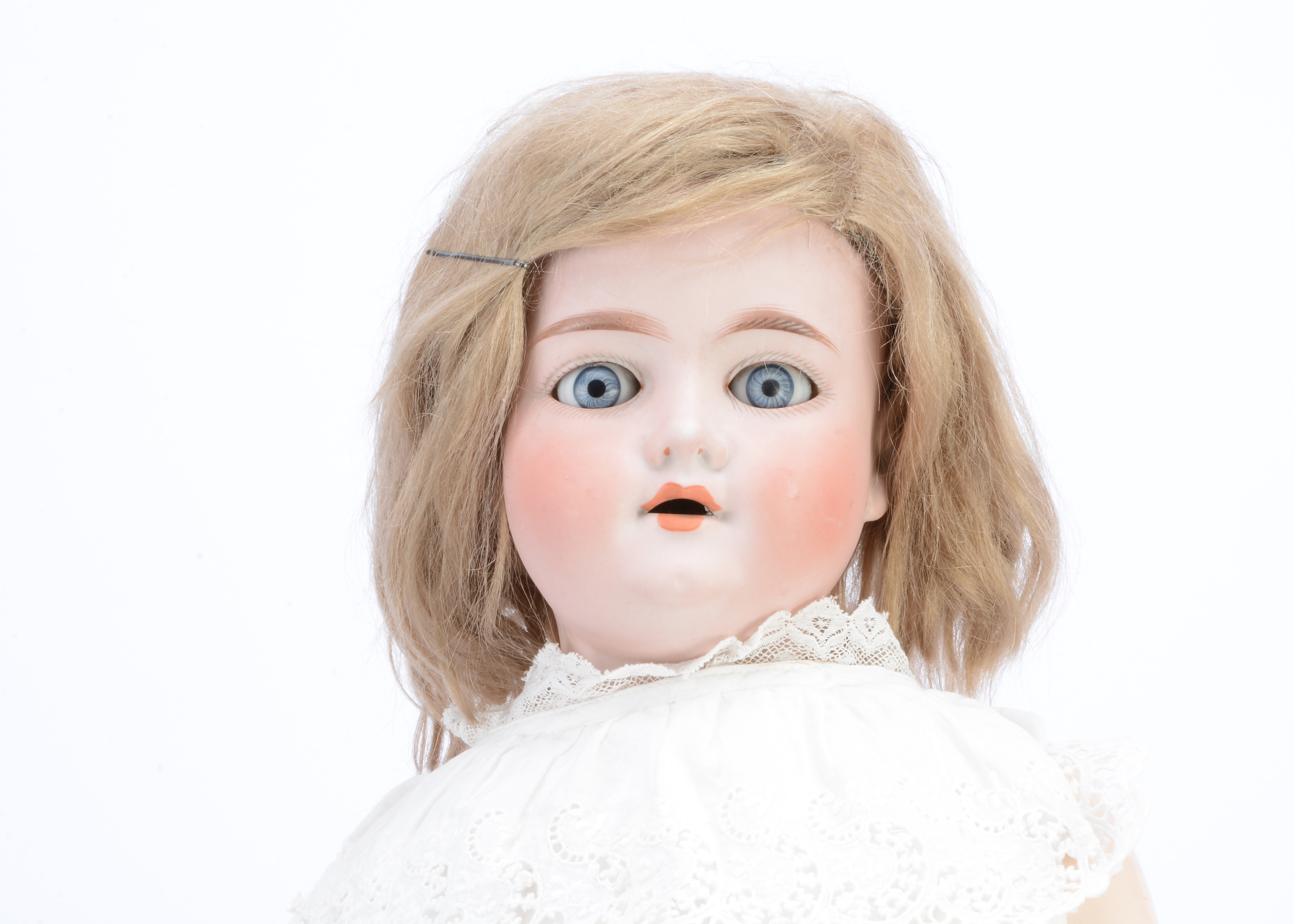 An Armand Marseille 390 child doll, with blue sleeping eyes, blonde mohair wig, composition body