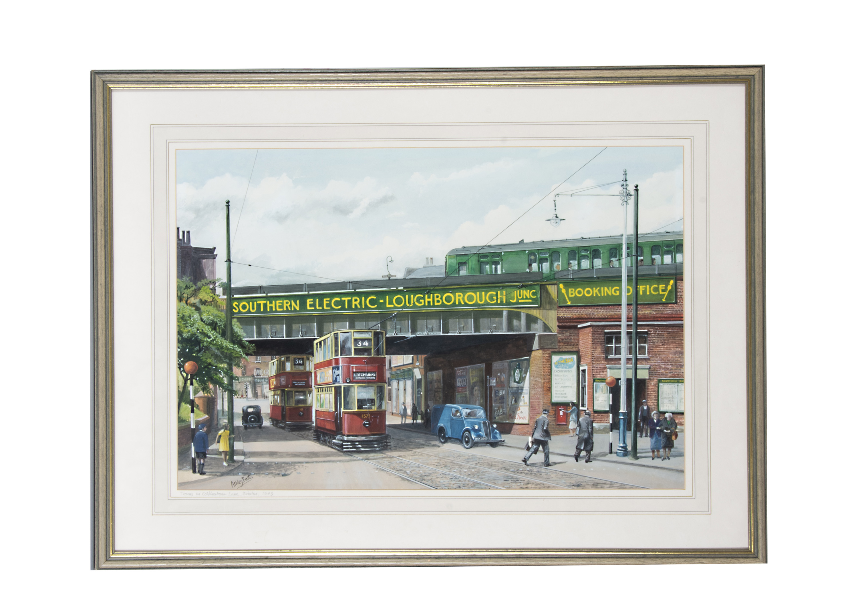 Lot 543 - Watercolour Trams in Coldharbour Lane Brixton 1949 By Ashley Best