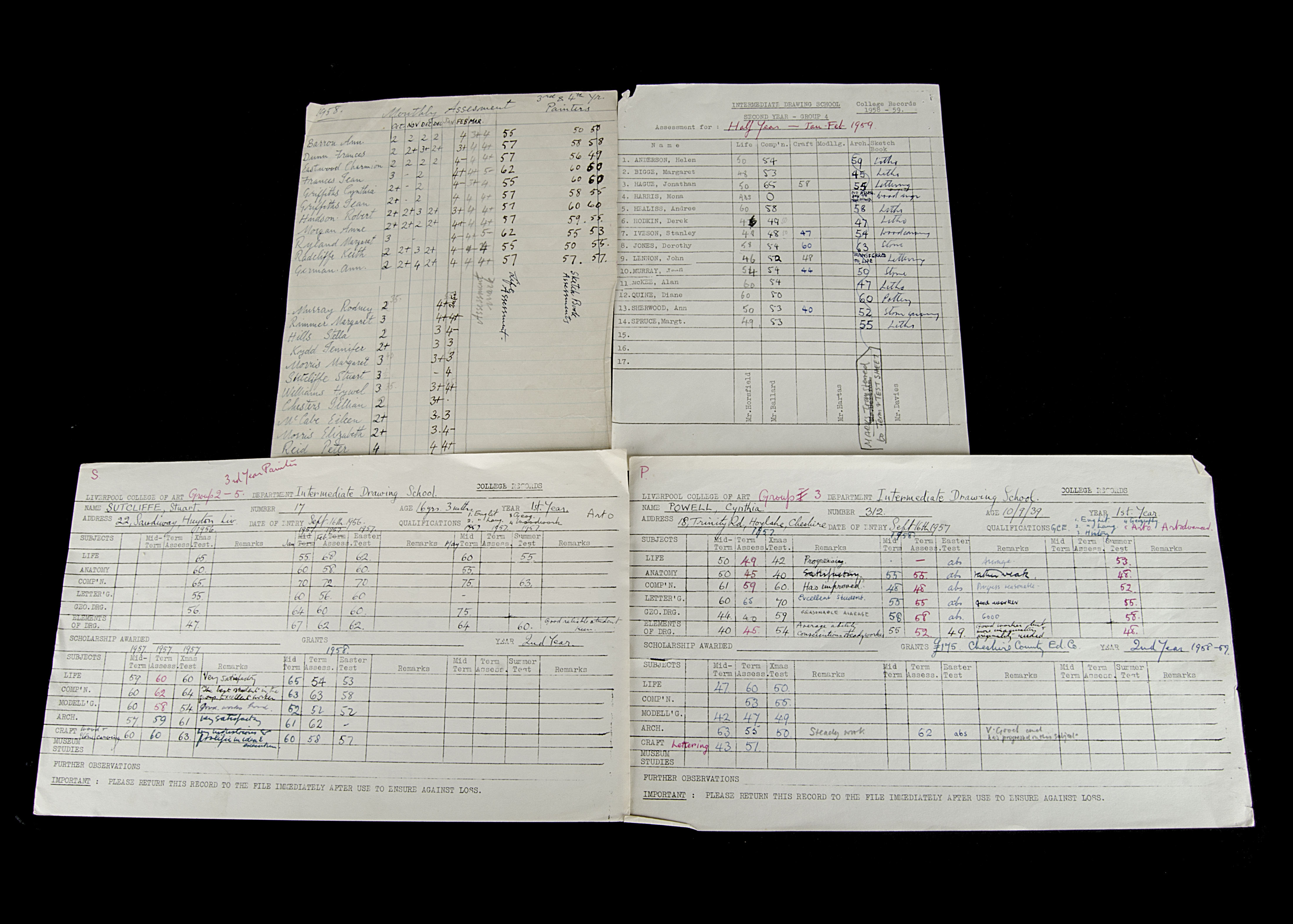 The Beatles Related, Liverpool College Of Art - collection of 'The Intermediate Drawing School Group'  tutorial records and assessment sheets from 1956 to 1960